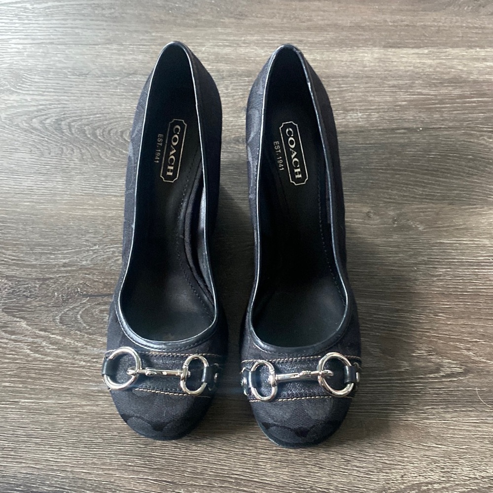 Coach Logo Signature Style canvas suede wedges clasp buckle detail